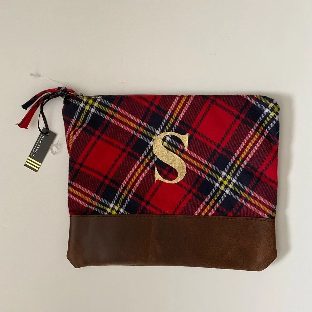 Max studio plaid cosmetic toiletry Bag 10” x 9” letter S